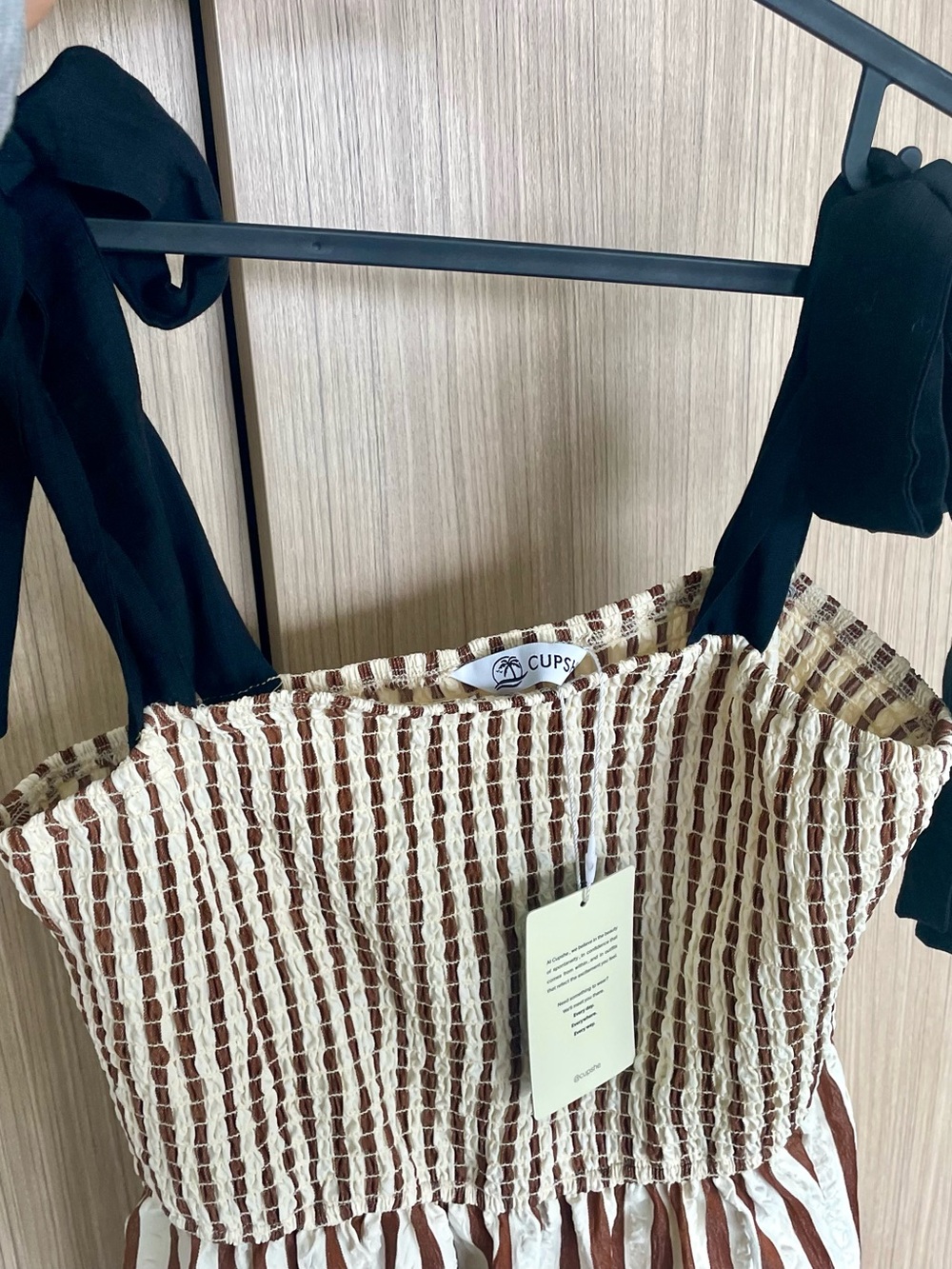 Brown & Cream Smocked Striped Midi Dress - Picture 5 of 5